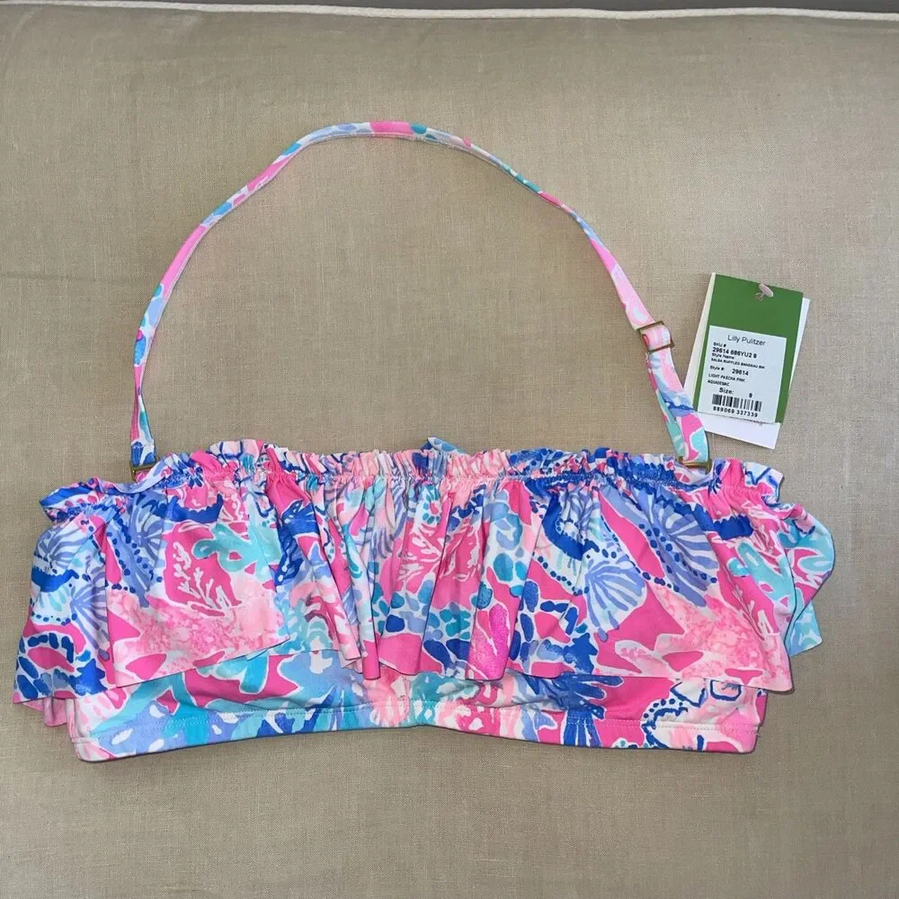 NWT Lilly Pulitzer Salsa Ruffled Bandeau Bikini Light Pascha Pink Aquadesiac 8 - Picture 2 of 5